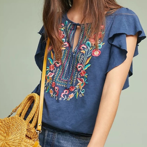 Anthropologie Embroidered Flutter Sleeve Blouse by Ranna Gill Sz S EUC